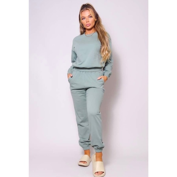 Sage Green Two Piece Crewneck Long Sleeve Top with Joggers Pants Set - Picture 7 of 7